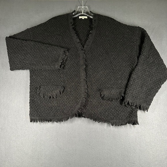 Max Studio London Sweater Womens Large Black Fringe Trim Open Front Cardigan - Picture 1 of 11